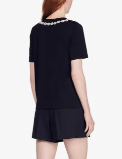 Sandro Merlin Embroidered Rhinestone-embellished Cotton-jersey T-shirt -Whistles Clothing Shop R03862957 NOIRGRIS ALT03