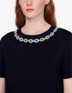 Sandro Merlin Embroidered Rhinestone-embellished Cotton-jersey T-shirt -Whistles Clothing Shop R03862957 NOIRGRIS ALT04