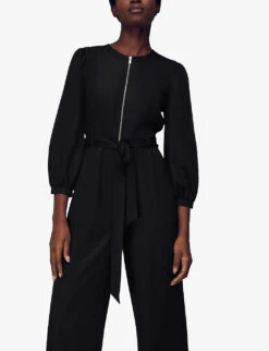 Whistles Estelle Puffed-sleeved Belted Woven Jumpsuit 7 Whistles Estelle Puffed-sleeved Belted Woven Jumpsuit -Whistles Clothing Shop R03873964 BLACK ALT02
