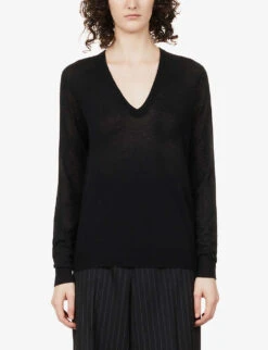 Joseph Cashair V-neck Cashmere-knit Jumper -Whistles Clothing Shop R03900699 BLACK ALT02