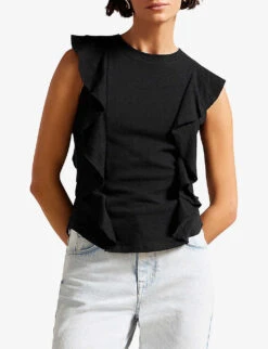 Ted Baker Kathley Ruffled Cotton And Linen T-shirt -Whistles Clothing Shop R03946257 BLACK ALT02
