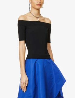 Alexander McQueen Off-shoulder Ribbed Knitted Top -Whistles Clothing Shop R03951917 BLACK ALT02