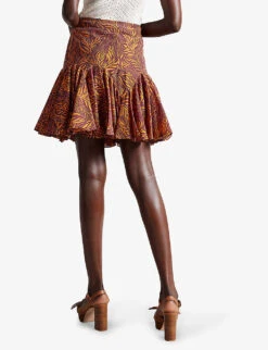 Ted Baker Staysey Botanical-print Ruffled-hem Woven Mini Skirt -Whistles Clothing Shop R03971495 BROWN ALT03