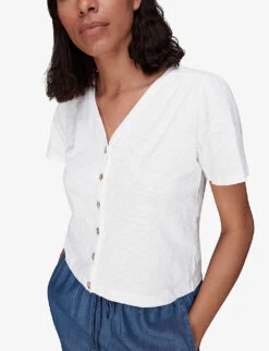 Whistles Maeve Buttoned Cotton-jersey T-shirt -Whistles Clothing Shop R03983237 WHITE ALT02
