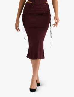 Sidonie Lace-up Satin Midi Skirt -Whistles Clothing Shop R04069844 WINE ALT02