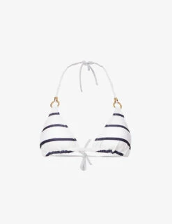 Ring Halterneck Striped Woven Bikini Top