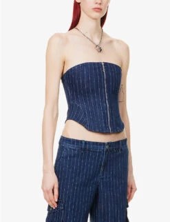 Riley Strapless Embroidered-pinstripe Stretch-cotton Blend Corset Top -Whistles Clothing Shop R04086815 VARSITYPINSTRIPE ALT02