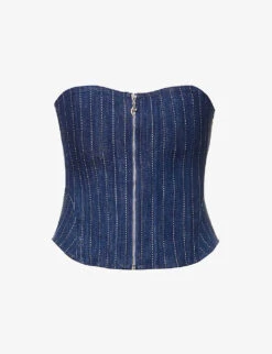 Riley Strapless Embroidered-pinstripe Stretch-cotton Blend Corset Top