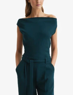 Reiss Maple Off-shoulder Belted-waist Stretch-woven Jumpsuit -Whistles Clothing Shop R04087031 TEAL ALT02