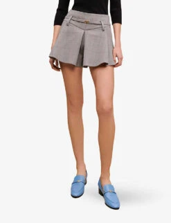 Maje Iarreau Checked Frilled Stretch-wool Blend Shorts -Whistles Clothing Shop R04101748 NOIRGRIS ALT02