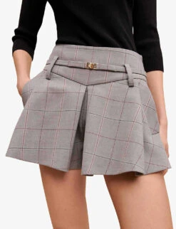 Maje Iarreau Checked Frilled Stretch-wool Blend Shorts -Whistles Clothing Shop R04101748 NOIRGRIS ALT04