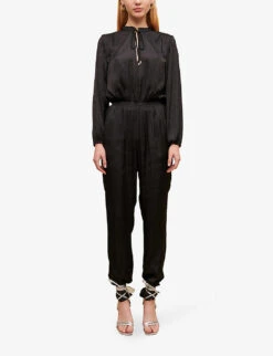 Maje Paulynou Tied-neck Balloon-sleeved Recycled-polyester Jumpsuit -Whistles Clothing Shop R04101783 NOIRGRIS ALT02