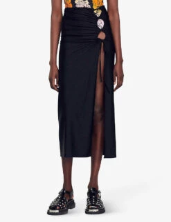 Sandro Cut-out Side-split Stretch-woven Midi Skirt -Whistles Clothing Shop R04102685 NOIRGRIS ALT02
