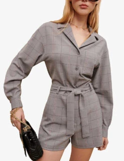 Maje Check-print Stretch Wool-blend Short Jumpsuit -Whistles Clothing Shop R04105498 NOIRGRIS ALT04