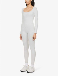 Square-neck Long-sleeved Stretch-cotton Unitard -Whistles Clothing Shop R04111529 LIGHTGREYMELANGE ALT02