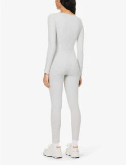 Square-neck Long-sleeved Stretch-cotton Unitard -Whistles Clothing Shop R04111529 LIGHTGREYMELANGE ALT03
