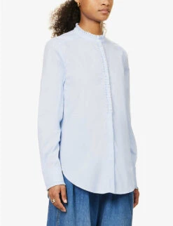 ME AND EM Pinstripe Pleated-trim Stretch-cotton Blend Shirt 7 ME AND EM Pinstripe Pleated-trim Stretch-cotton Blend Shirt -Whistles Clothing Shop R04117216 BLUEWHITE ALT02