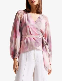 Ted Baker Emiliah Floral-print Wrap Recycled-polyester Blouse -Whistles Clothing Shop R04122371 CORAL ALT02