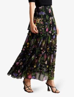 Ted Baker Thieaa Floral-print Tiered Recycled-polyester Maxi Skirt -Whistles Clothing Shop R04122499 BLACK ALT02