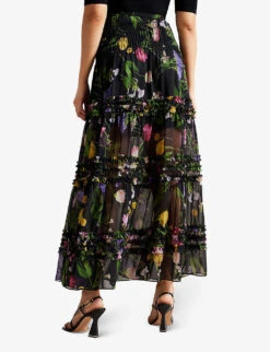Ted Baker Thieaa Floral-print Tiered Recycled-polyester Maxi Skirt -Whistles Clothing Shop R04122499 BLACK ALT03