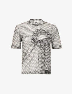 Check-patterned Ruched-appliqué Regular-fit Woven Top