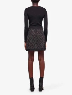 THE KOOPLES Rhinestone-motif Wrap-front Woven Mini Skirt -Whistles Clothing Shop R04127935 BLA01 ALT03