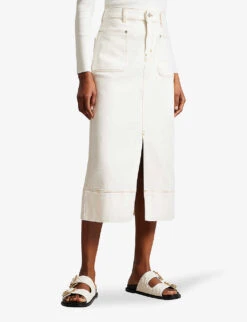 Ted Baker Jomana High-waisted Front-slit Stretch-denim Midi Skirt -Whistles Clothing Shop R04146901 IVORY ALT02