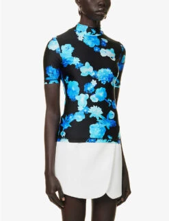 Coperni Floral-print High-neck Stretch-woven Top -Whistles Clothing Shop R04147532 BLUEBLACKBLBLAK ALT02