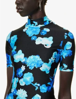 Coperni Floral-print High-neck Stretch-woven Top -Whistles Clothing Shop R04147532 BLUEBLACKBLBLAK ALT04