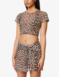 GOOD AMERICAN Leopard-print Semi-sheer Mesh Recycled Polyester-blend T-shirt -Whistles Clothing Shop R04148935 GOODLEOPARD003 ALT02