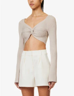 Maisie V-neck Knitted Crop Top -Whistles Clothing Shop R04149661 TAUPE ALT02