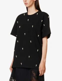 STELLA MCCARTNEY Pearl-embellished Ribbed-trim Cotton-jersey T-shirt 7 STELLA MCCARTNEY Pearl-embellished Ribbed-trim Cotton-jersey T-shirt -Whistles Clothing Shop R04160801 BLACK ALT02