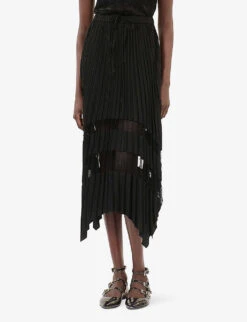 THE KOOPLES Sheer-panel Asymmetric-hem Woven Midi Skirt -Whistles Clothing Shop R04164095 BLACK ALT02