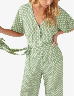Diamond-print Belted Woven Jumpsuit -Whistles Clothing Shop R04166377 GREEN ALT02
