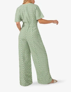 Diamond-print Belted Woven Jumpsuit -Whistles Clothing Shop R04166377 GREEN ALT03