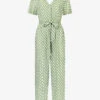 Diamond-print Belted Woven Jumpsuit