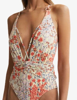 Reiss Isla Floral-print Plunge-neck Swimsuit -Whistles Clothing Shop R04169499 PINKPRINT ALT03