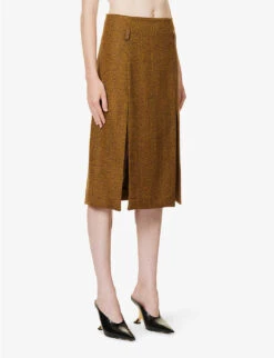 Victoria Beckham Split-front A-line Wool Midi Skirt -Whistles Clothing Shop R04180555 YELLOWBROWN ALT02