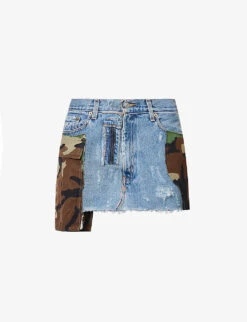 Contrast-panel Distressed Upcycled Denim Mini Skirt
