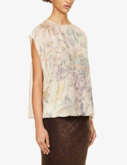 Dries Van Noten Floral-pattern Puffed-hem Silk-blend Top -Whistles Clothing Shop R04180722 ECRU ALT02