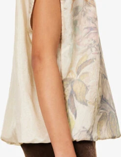 Dries Van Noten Floral-pattern Puffed-hem Silk-blend Top -Whistles Clothing Shop R04180722 ECRU ALT05