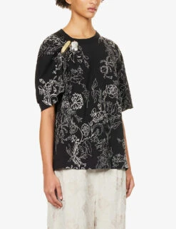 Dries Van Noten Brooch-embellished Floral-print Cotton T-shirt -Whistles Clothing Shop R04180735 BLACK ALT02