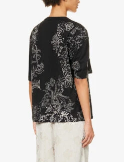 Dries Van Noten Brooch-embellished Floral-print Cotton T-shirt -Whistles Clothing Shop R04180735 BLACK ALT03