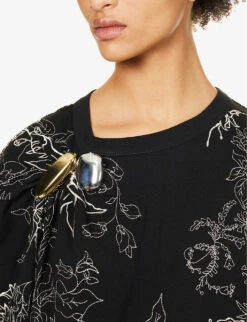 Dries Van Noten Brooch-embellished Floral-print Cotton T-shirt -Whistles Clothing Shop R04180735 BLACK ALT04