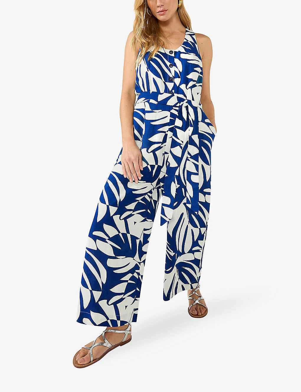 Navy Palm Print Culotte Jumpsuit 2 Navy Palm Print Culotte Jumpsuit - Image 2