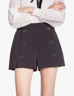 THE KOOPLES Button-embellished Wide-leg Stretch-woven Shorts -Whistles Clothing Shop R04187773 BLACK ALT03