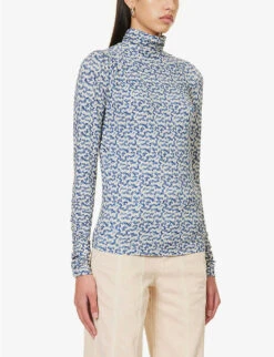Isabel Marant Etoile Lou High-neck Stretch-woven Top -Whistles Clothing Shop R04188820 BLUEECRU ALT02