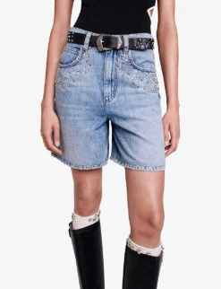 Maje Ietoile Rhinestone-embellished Flared Denim Shorts -Whistles Clothing Shop R04190247 BLEUS ALT04