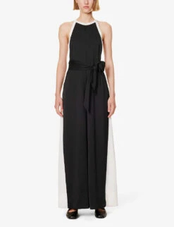ME AND EM Halterneck Wide-leg Recycled-polyester Jumpsuit -Whistles Clothing Shop R04194852 BLACKCREAM ALT02