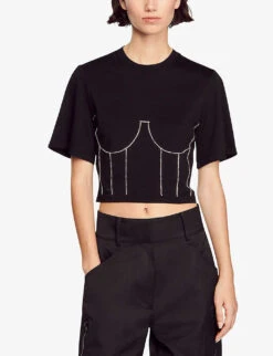 Sandro Rhinestone-applique Bustier Cotton T-shirt -Whistles Clothing Shop R04197710 NOIRGRIS ALT02